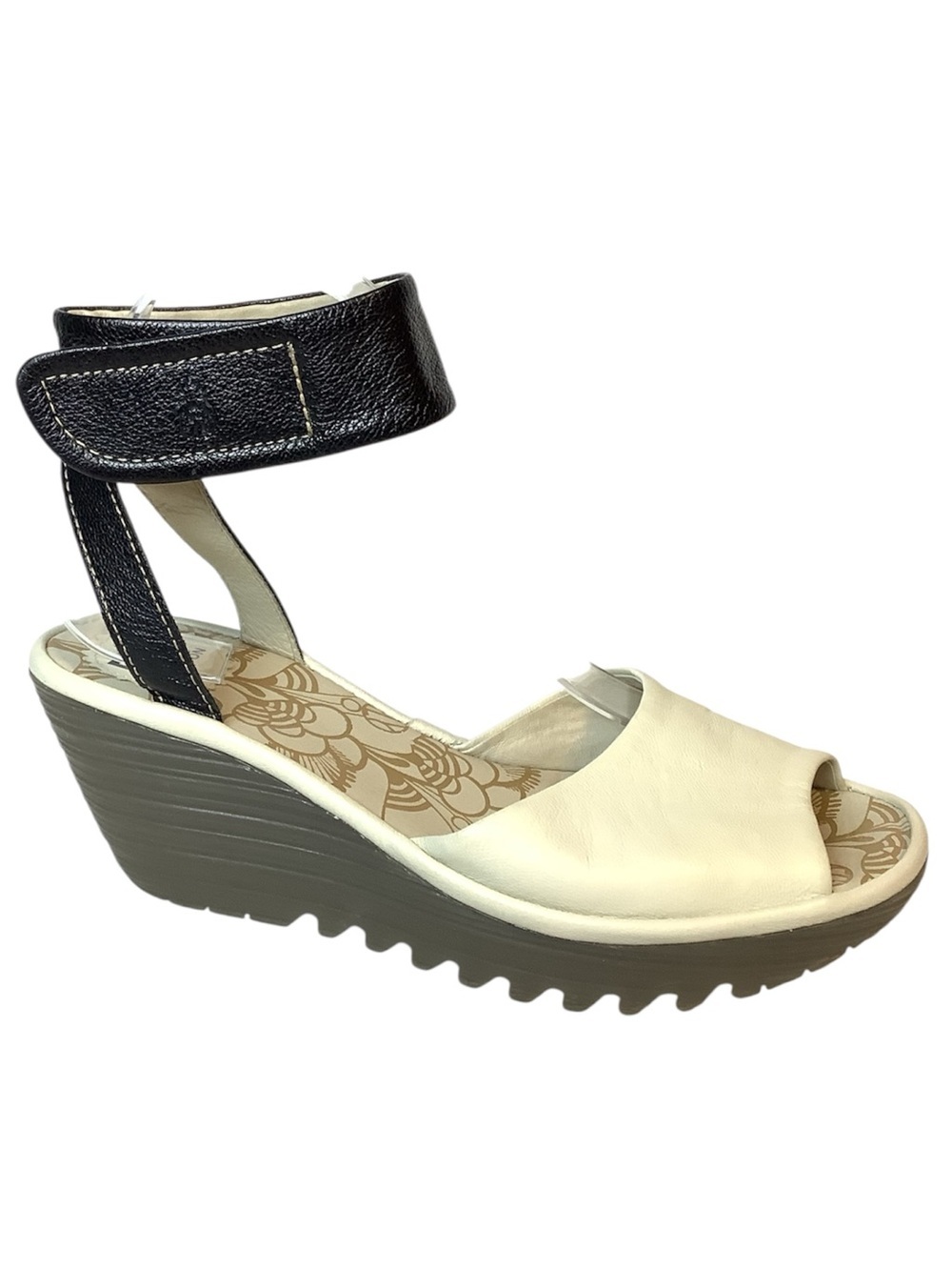 FLY LONDON YULA WEDGE CREAM & BLACK LEATHER ANKLE STRAP  COMFORT SANDALS 38